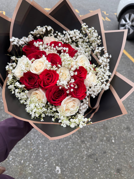 24 Red & White Roses + Baby’s Breath