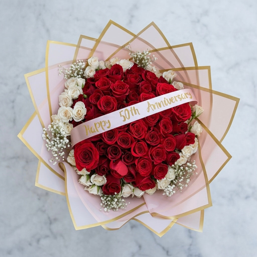 Top-down view of 50 red roses bouquet with baby’s breath and spray white roses, pink and gold wrapping, custom ribbon – Roses Canada

