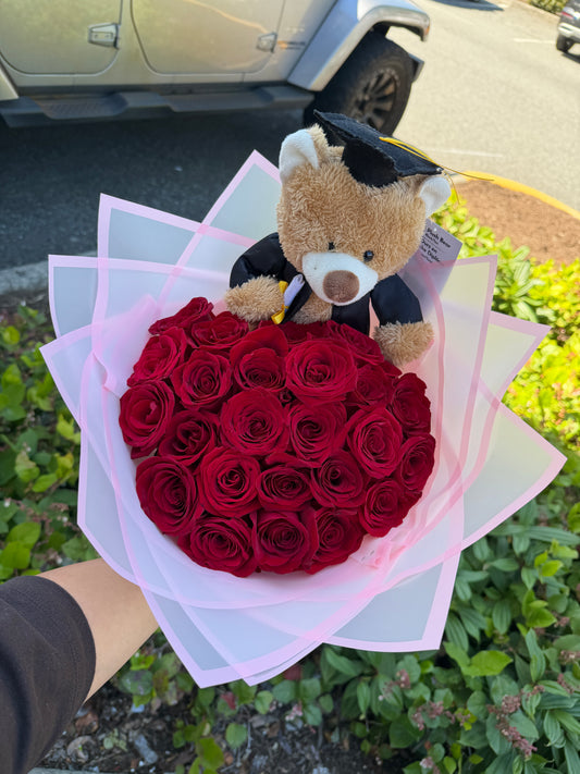 Graduation Bouquet – 24 roses + teddy