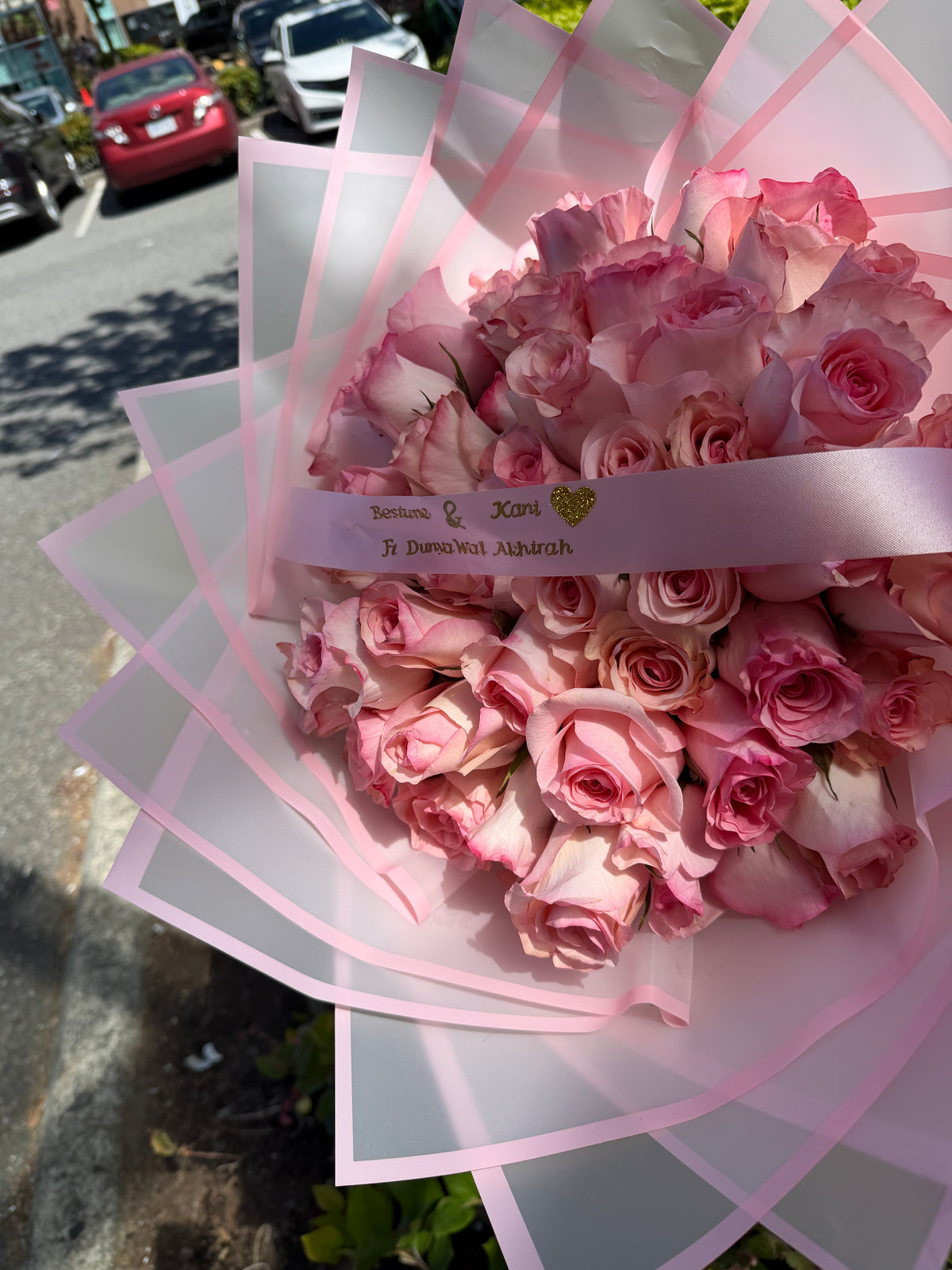 50 Pink Roses  + Ribbon