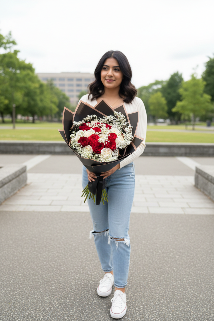 24 Red & White Roses + Baby’s Breath