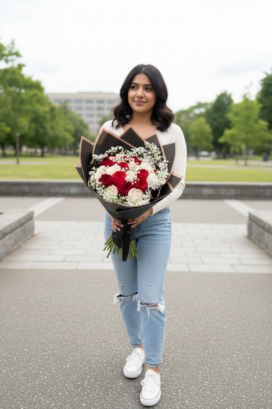 24 Red & White Roses + Baby’s Breath