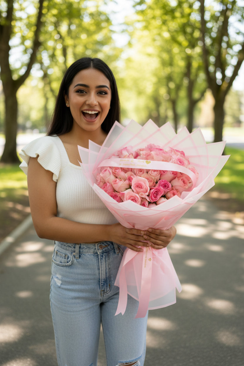 50 Pink Roses  + Ribbon