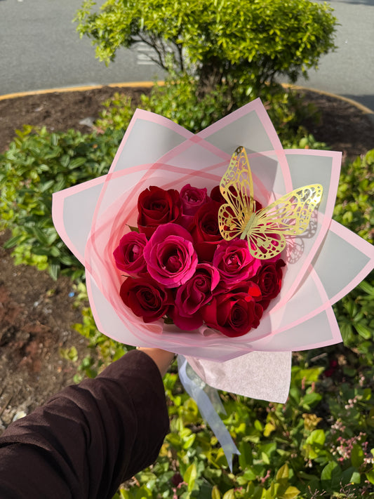 12 Pink + Red Roses | Korean-Wrapped Bouquet
