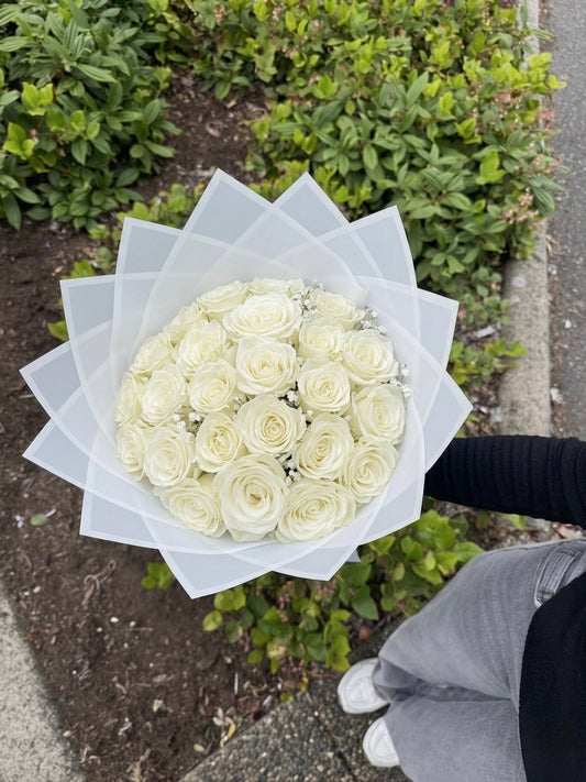 24 White Roses + Baby’s Breath
